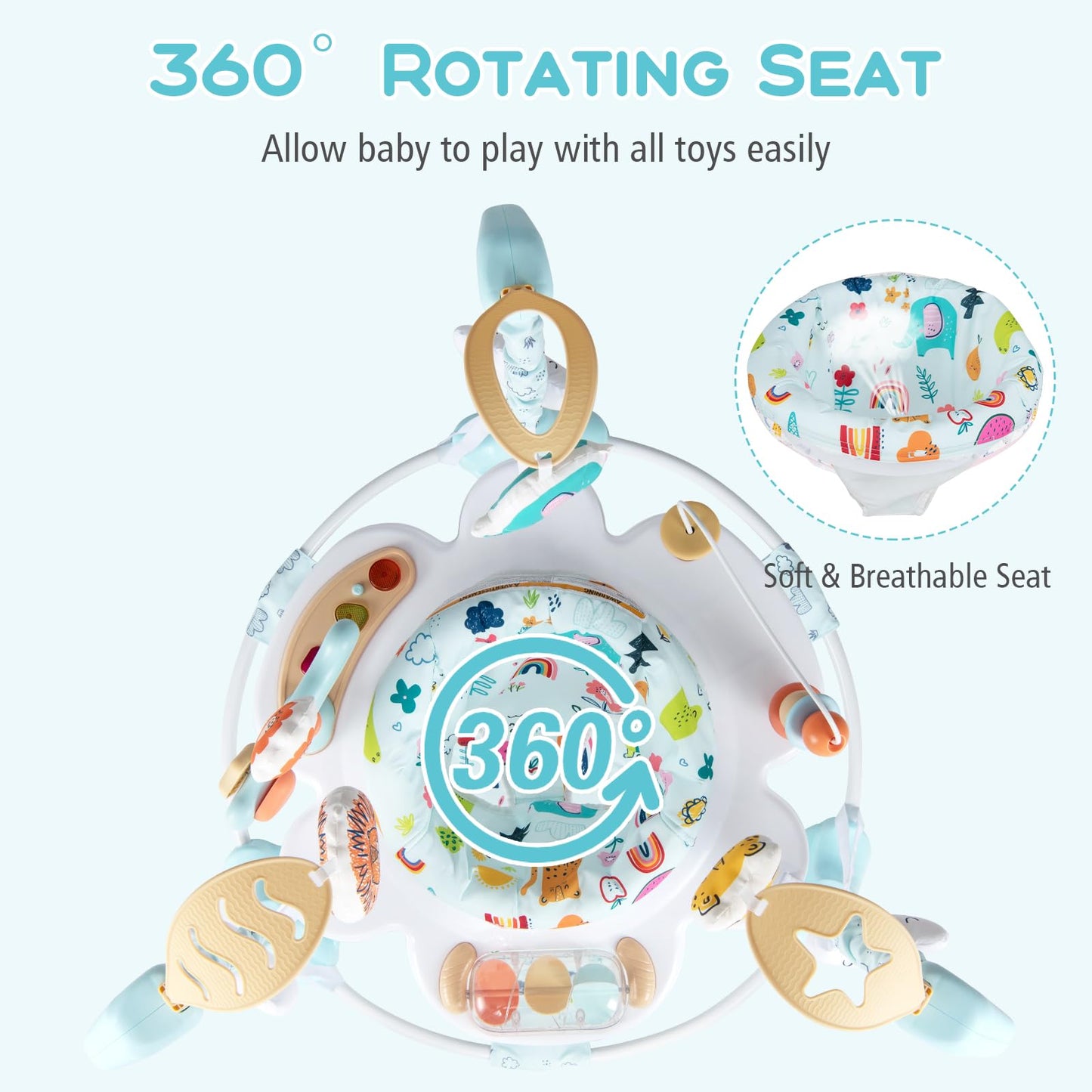 INFANS Baby Activity Center, 3 in 1 Play Center Jumpers and Bouncers with Music, Lights, Interactive Toys, 360°Rotating Seat, Adjustable Heights, Exersaucer Learning Toys for 6-12 Months (Light Blue)