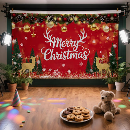 CRAFTYMELODY Large Merry Christmas Banner 70×43 Inch Red Christmas Wall Banner Santa Deer Snow Backdrop Winter Yard Sign Indoor Outdoor with Grommets 3.2 Yard String for Party Decoration Supplies