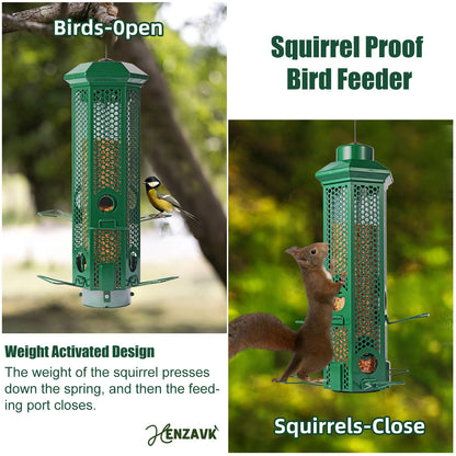 Squirrel Proof Bird Feeders with Removable Base, Metal Wild Bird Feeder for Outdoors Hanging, 6 Weight-Activated Ports Perches, 3LB Seed Capacity(Green)