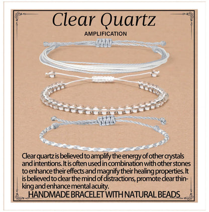 QOGIR Handmade Healing Bracelet,4mm Natural Clear Quartz Crystal Gem Stone Beads Bracelet for Men Women Gifts with 2PCS Size Adjustable Rope Bracelets