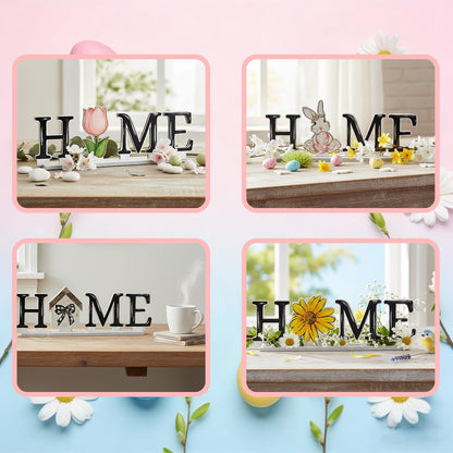 Smile Interchangeable Home Table Signs, Spring Easter Tulips Bunny with 10 Pcs Seasonal Icons, Wooden Sign Decor, HOME Letter Sign Ornaments Set Decorative Shelf Blocks