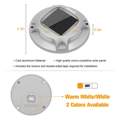 VOLISUN Solar Driveway Dock Marine Lights 8-Pack,2 Colors in 1,Outdoor LED Deck Lights,Solar Powered Waterproof Warning Step Light for Driveway Sidewalk Pathway (White/Warm White),Saltwater Resistant