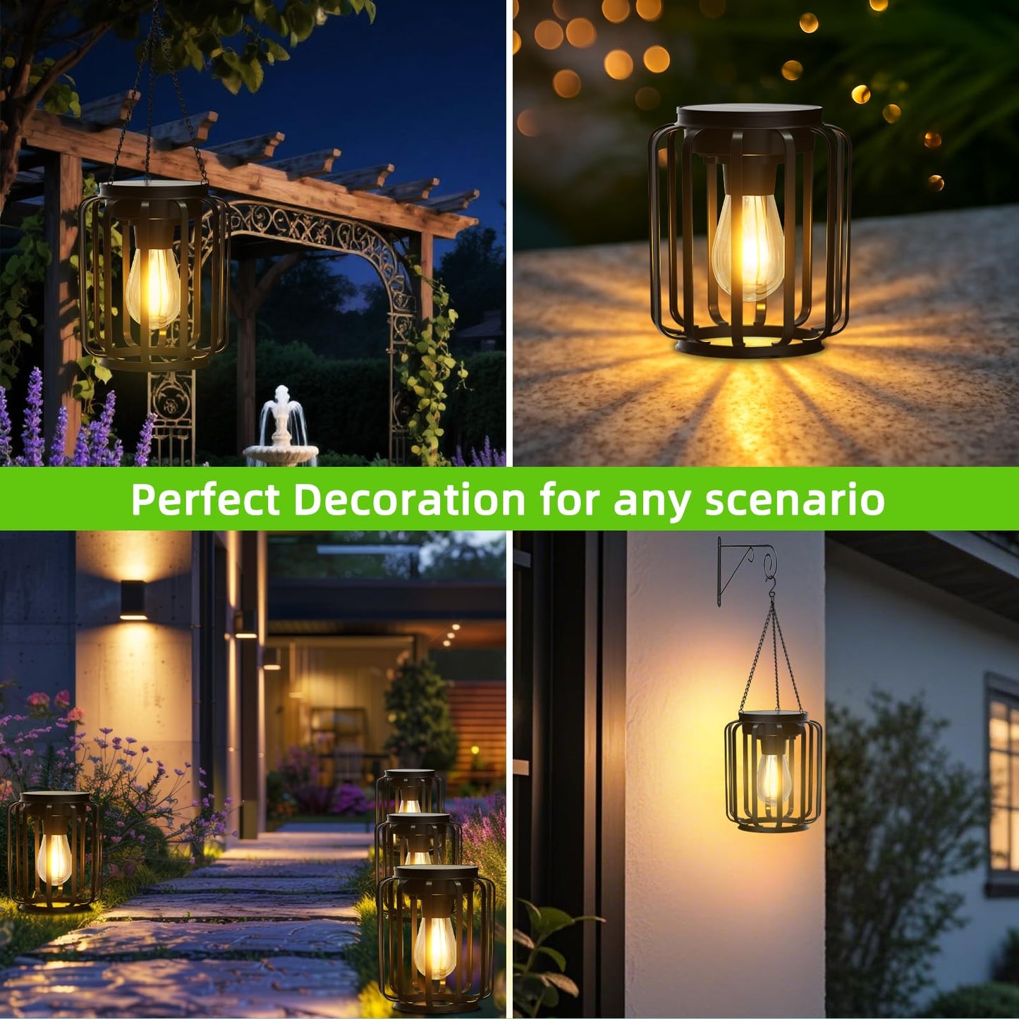 Ddlisu 2 Pack Solar Lanterns Outdoor Waterproof, Upgraded Metal LED Lanterns, Warm Light, Auto On/Off, Brighter Hanging Solar Lantern for Yard Patio Pathway Porch Garden Decor (Columnar)