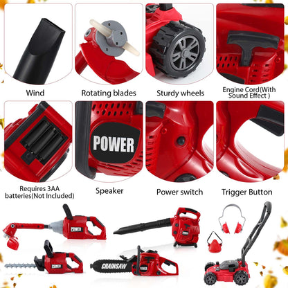 Arrowbash Kids Lawn Mower Toy Set 7 Pcs Electric Garden Tools with Leaf Blower, Chainsaw & Trimmer – Summer Outdoor Toys for Boys Girls Birthday Gifts