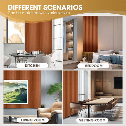 OUZUGIE WPC Acoustic Slat Wall Paneling, 8-Pack 96 x 6 Inches 3D Wall Panels for Interior Wall Decor,Living Room,TV Background,Study Room,Office Spaces,Bedroom,High Grille (Teak)
