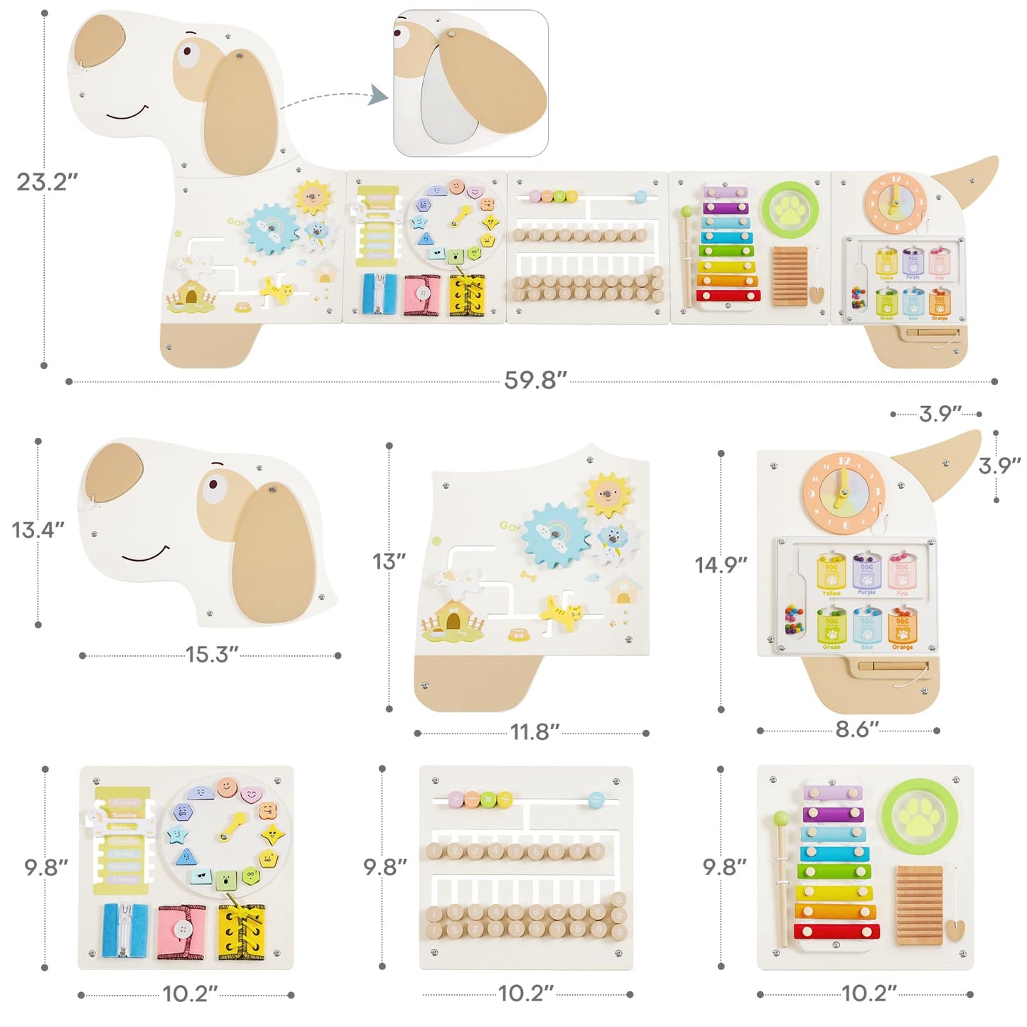 PIIKAGO Wooden Dog Wall Busy Board Panels, Sensory Wall Activity Board for Toddlers 1-3, Montessori Learning Activity Center, Educational Toys for Kids Room, Preschool & Daycare