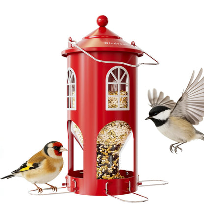 Birdream Metal Bird Feeder for Outdoors Hanging, Small Lighthouse Bird Feeder with Clear Seed Tube, Folding Stainless Steel Perches, for Small Wild Birds Finches Chickadees, Red