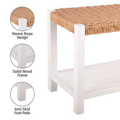 Alaterre Furniture Bench with Handcrafted Woven Rope Seat - Newport Collection 40-Inch Wood Bench with Storage Shelf for Entryway or Hallway - Indoor Furniture (White)