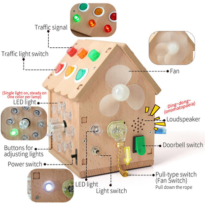Dinhon Sound and Light Busy House Wooden Montessori Busy Board, Light Switch Games Toddler Sensory Toys Montessori Toys for 3+ Year Old Gifts for Boys and Girls