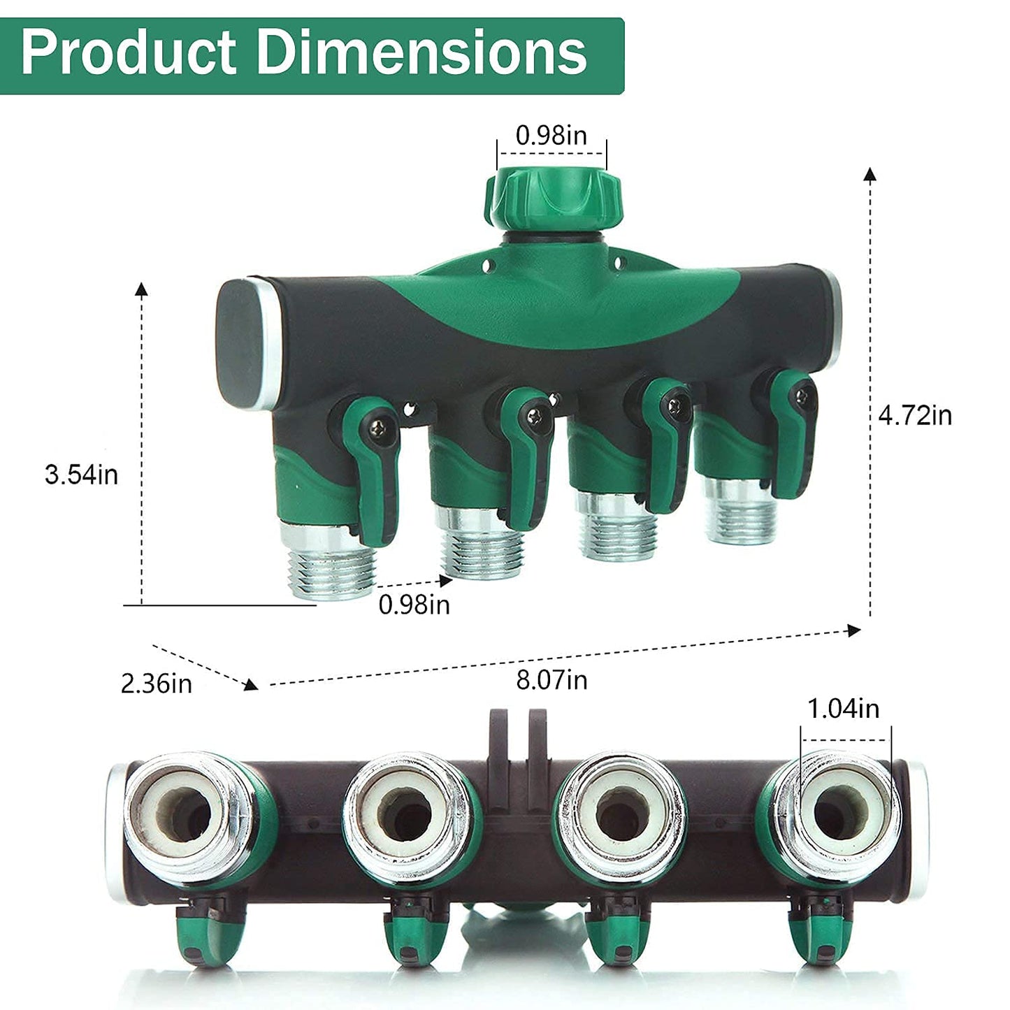 Garden Hose Splitter 4 Way - 3/4 Inch Heavy Duty Metal Water Faucet Splitter with Shut Off Valves 4 Way Leakproof Hose Connectors with Comfortable Rubberized Grip for Gardening Hoses 5 Washers