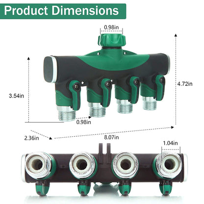 Garden Hose Splitter 4 Way - 3/4 Inch Heavy Duty Metal Water Faucet Splitter with Shut Off Valves 4 Way Leakproof Hose Connectors with Comfortable Rubberized Grip for Gardening Hoses 5 Washers