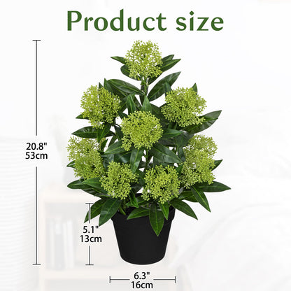 Briful Artificial Skimmia Japonica Plant in Pot, 20.8" Tall Faux Green Berry Flowers with Black Pot, Realistic Potted Floral Arrangement for Home Office Table Shelf Decor
