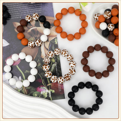 SALUOKE 100 Pcs 15mm Silicone Beads for Keychain Making, Pink Gream Silicone Beads Bulk Round for Bracelets Pens Crafts Jewelry Making (Brown White)