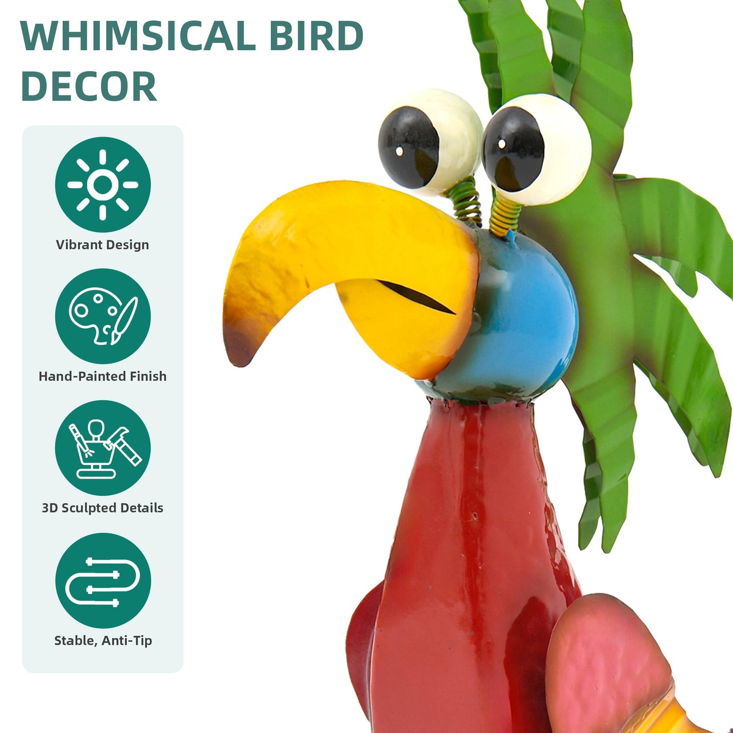 Ultym 19.7" Unique Cartoon Tiki Bird Decor, Handcrafted Large Parrot Sculpture with Ground Stake, Weatherproof Metal Yard Art for Patio, Lawn, Balcony or Indoor Home Decor, Ideal for Parties & Gifts