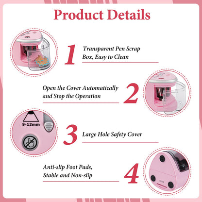 AUAUY Electric Pencil Sharpener with Double Hole, Battery Operated Automatic Sharpener with 2 Extra Knife Holders, for 6-8mm/9-12mm Standard Pencils, Colored Pencils, and Skectch Pencils（Pink）