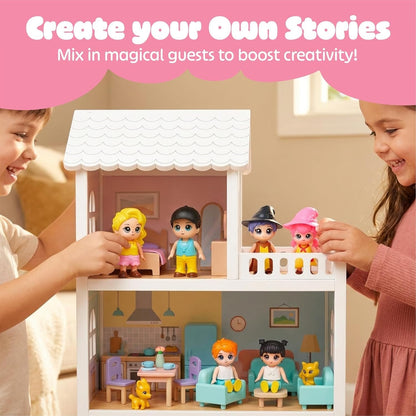 FUNERICA Dollhouse Family Figures & Pets – Poseable Family Dolls Set – Miniature Dollhouse People - Compatible Doll House Accessories for 1:12 & 1:24 Wooden & Plastic Dollhouses + Bonus Figures