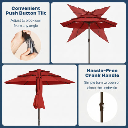 Tobeos 10ft 3 Tier Patio Umbrella, Outdoor Market Table Umbrella with UPF 50+ Vented Canopy, 8 Sturdy Ribs, Easy Push Button Tilt and Crank, Windproof for Deck, Pool, Backyard and Garden, Red