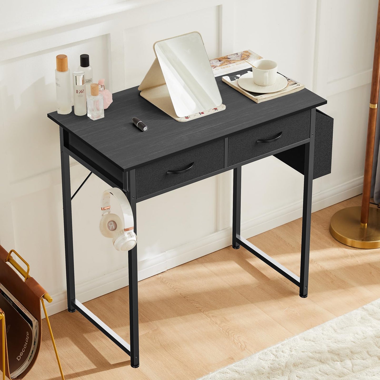 DUMOS 32" Home Office Computer Desk with Drawers, Small Gaming Writing Study Table with Storage Side Bag, Headphone Hook and Adjustable Feet for Bedroom Black