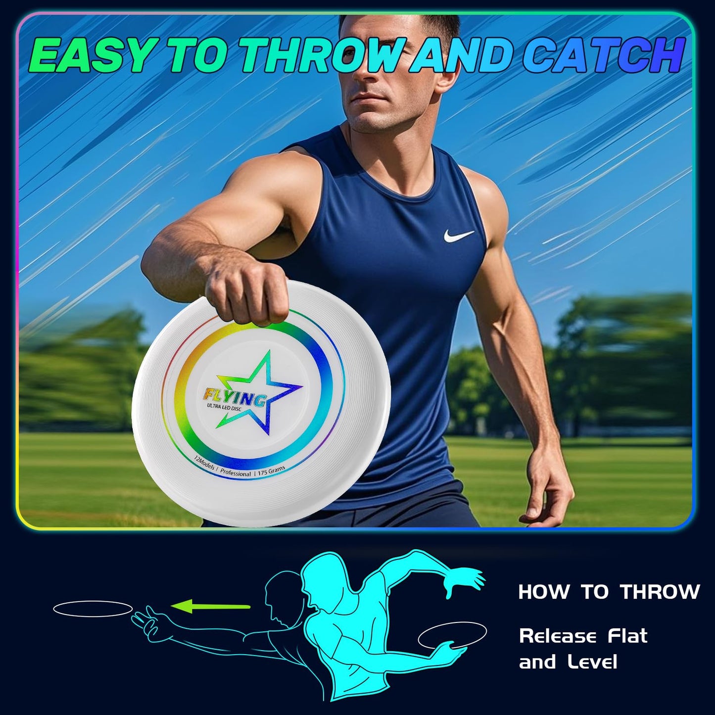 Dilabnba LED Flying Disc Toy for Lawn Game Beach Sand Backyard Outdoor Playing, Glow in The Dark Flying Ring Toass and Catch Camping Toy for Kids Adults Teen, Rechargeable, 175g
