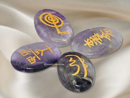 Amazing Gemstone Amethyst Crystal Reiki Stones with Engraved Symbols for Usui Reiki Healing, Set of 4 Pcs (Indian Handmade Reiki Gift Set)