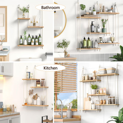 FKSLIFE Hanging Shelves for Wall,Macrame Hanging Plant Shelf with Vine Lights 5 Tier Rope Floating Shelf Wood Organizer Storage Rack Boho Wall Decor Aesthetic for Succulents Bedroom Bathroom Kitchen