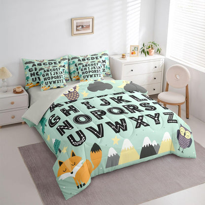 Feelyou Alphabet Kids ABC Learning Comforter Set Twin Size 7 PCS Cute Fox Bedding Set Kids Boys Girls Educational Art Bed in a Bag with Comforter & Sheets Sets & Cushion Covers Animals Bedroom Decor