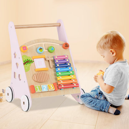INFANS Wooden Baby Walker, Montessori Walker with Multiple Activity Toys, Storage, Push Walker Toys for Infant Learning to Walk, Sit to Stand Walker for Boys Girls
