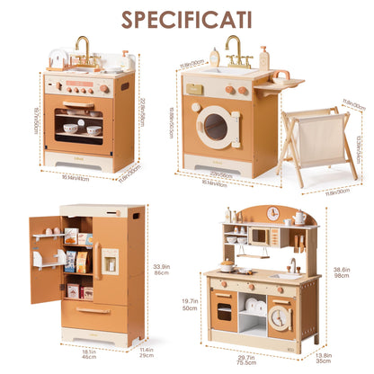 ROBUD Wooden Play Kitchen, 4-in-1 Kids Kitchen Playset with Fridge, Washing Machine, Dishwasher, Toddlers Role Play Kitchen Set Gift for Boys & Girls, Age 3+ (Caramel)