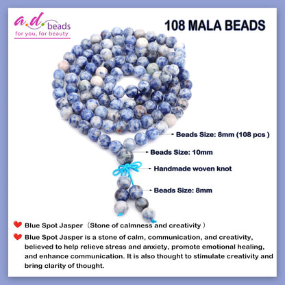 AD Beads 8mm 108 Prayer Mala Blue Spot Jasper Elastic Bracelet - Calmness and Creativity - Handmade Yoga Meditation Healing Power Energy Gifts for Unisex Adult.