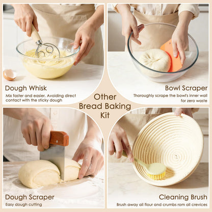 Kikcoin Sourdough Starter Kit, Complete Sourdough Bread Baking Supplies Includes 24oz Sourdough Starter Jar, Rattan Banneton Proofing Basket Set of 2, Artisan Bread Making Kit for Beginners & Pros