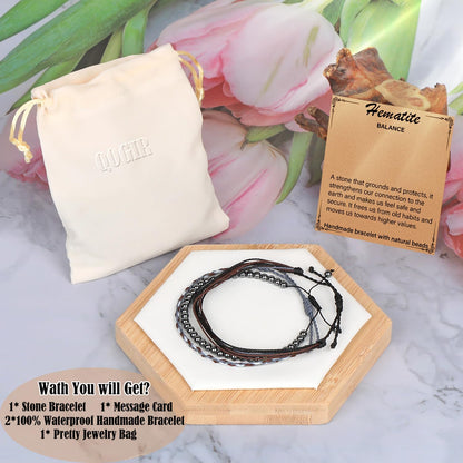 QOGIR Handmade Healing Bracelets,4mm Natural Hematite Gem Stone Beads Bracelet,for Men Women Gifts with 2PCS Size Adjustable Rope Bracelets
