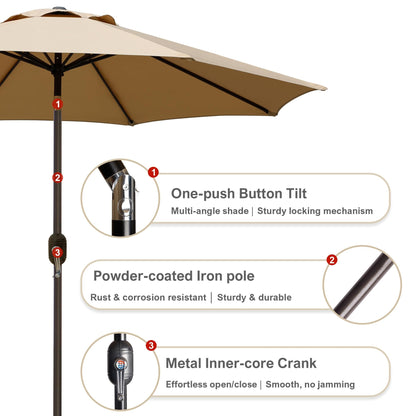 Blissun 9' Outdoor Patio Umbrella, Outdoor Table Umbrella, Yard Umbrella, Market Umbrella with 8 Sturdy Ribs, Push Button Tilt and Crank (Tan)