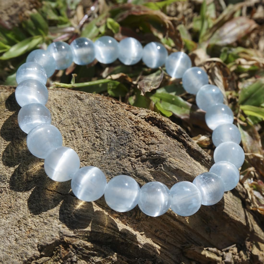 Natural Selenite Bracelet 8mm | Aqua Blue | Crown Chakra Crystal with Cat-eye Effect | Handmade Meditation Healing Bracelet for Women Men | Beading Tool Kit - Fits for 6.5-7.5 inch Wrist Size