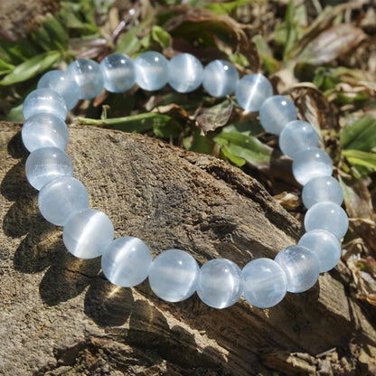 Natural Selenite Bracelet 8mm | Aqua Blue | Crown Chakra Crystal with Cat-eye Effect | Handmade Meditation Healing Bracelet for Women Men | Beading Tool Kit - Fits for 6.5-7.5 inch Wrist Size