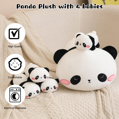 TOYSYM Panda Stuffed Animal Cute Panda Plush Pillow with 4 Baby Plushies in Her Tummy, Soft Cotton Stuffed Animals Toy Gifts for Kids