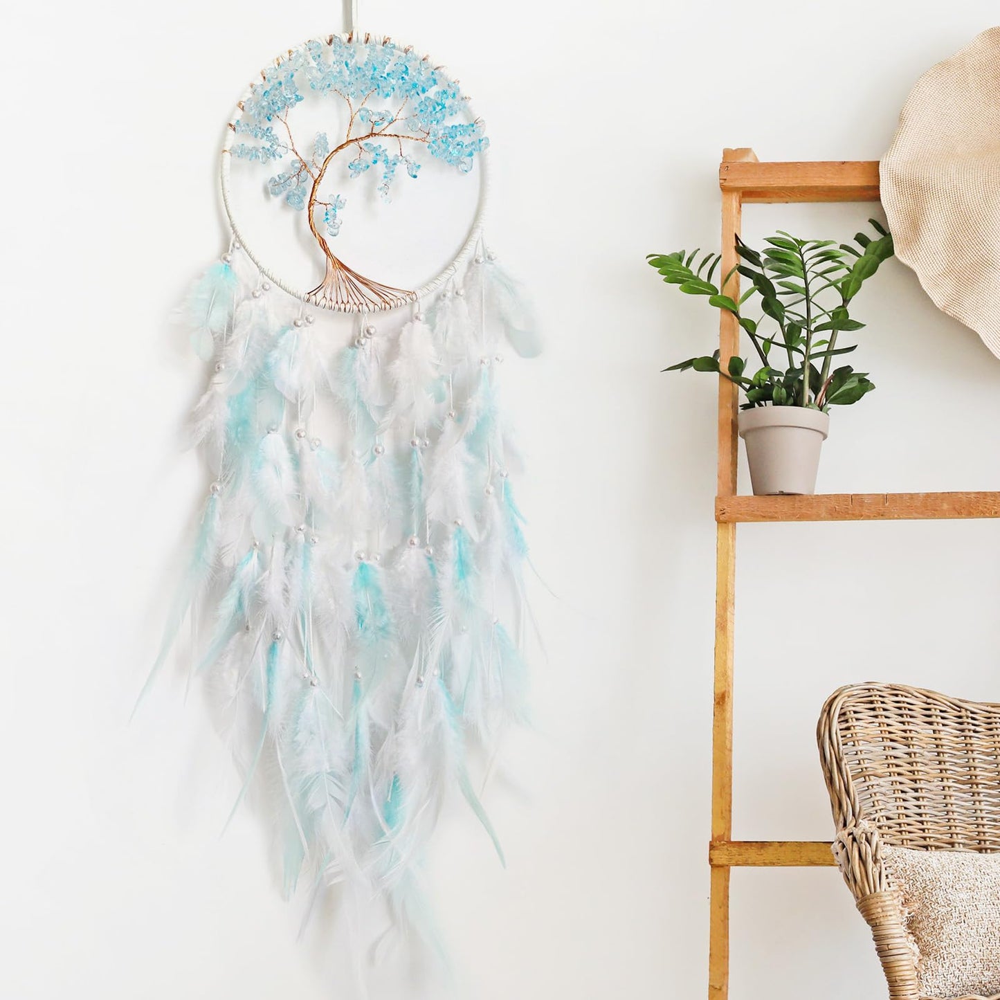 SOYUZU White and Cyan Dream Catcher Wall Decor Crystal Tree of Life Dream Catchers Handmade Feather Dreamcatcher Wall Hanging Ornament for Bedroom Living Room Home Decor