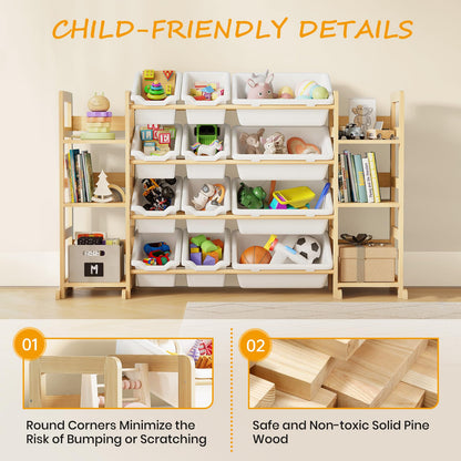 EXPERLAM Extra Large Toy Storage - Toy Storage Organizer, Wooden Toy Organizer with 6 Side Shelves and 12 Bins, 3-in-1 Bookshelf for Kids Rooms, Playroom, Nursery, White