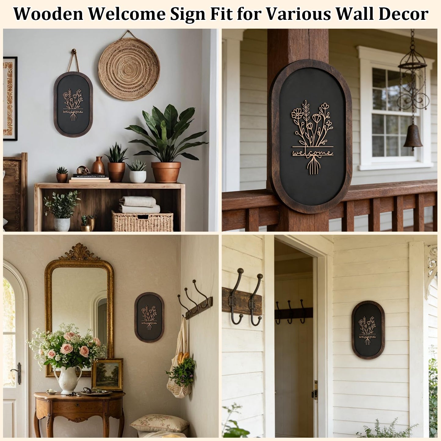Welcome Sign for Front Porch, 3D Farmhouse Welcome Decor Rustic Wood Door Sign Distressed Home Wall Art with 3D Flower Patterns for Entryway Living Room Office Housewarming Decor