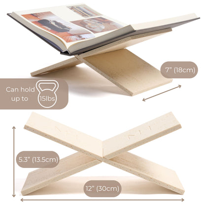 Moncur Home Faux Travertine Stone Finish Resin Book Holder for Recipe Book Display Stand, Coffee Table Books, 2 Pieces Slot Together, Neutral Beige Coffee Table Decor for Large Books