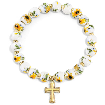 VIBILIA Cross Bracelets for Women, Cross Charm Vintage Jewelry, Sunflower Beaded Bracelet, Gold Handmade Stretch Jesus Baptism Christian Birthday Gifts for Women on Easter Mother's Day, Sunflower