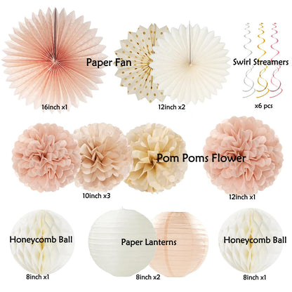 Champagne-Gold Beige Fall Boho Birthday Party Decorations 62pcs Happy Birthday Banner, Peach White Paper Lanterns, Streamers, Tissue Pom Poms, Blush Beige Boho Party Balloons, Rustic Backdrop Decor