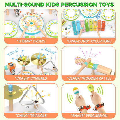 12-in-1 Drum Set for Toddlers 1-3,Baby Musical Instruments Table ,Wooden Montessori Toys with Xylophone,Bongo Drums,Cymbals,Maracas & Wrist Bells,Birthday Gift for 1 2 3 Year Old Boy Girls