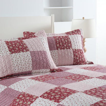 ENASAL Cotton Bedspread Quilt Bedding Sets Reversible Coverlet Sets Comforters Plaid Floral Red White Patchwork Pattern Bedspread for All Season, Queen Size