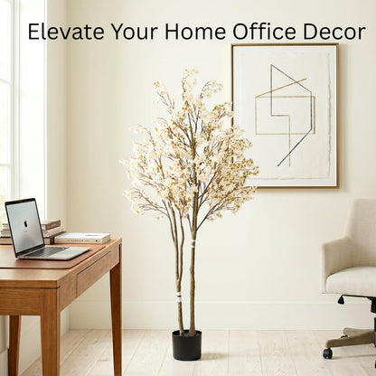 Artificial Cherry Blossom Tree with Lights 6ft Tall, White Faux Cherry Blossom Tree Indoor with LED String Lights, Japanese Sakura Tree for Living Room Office Home Decor