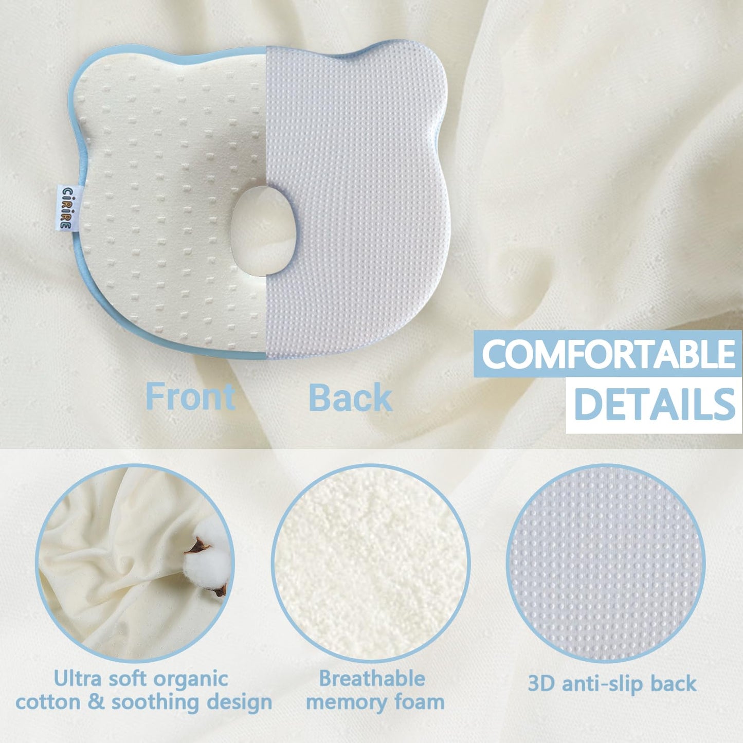 CIRIRE Memory Foam Baby Cushion, Soft Cozy Machine-Washable, Head and Neck Support Breathable Anti-Slip Design for Infants for Small Boys and Girls Tummy Time(Beige)