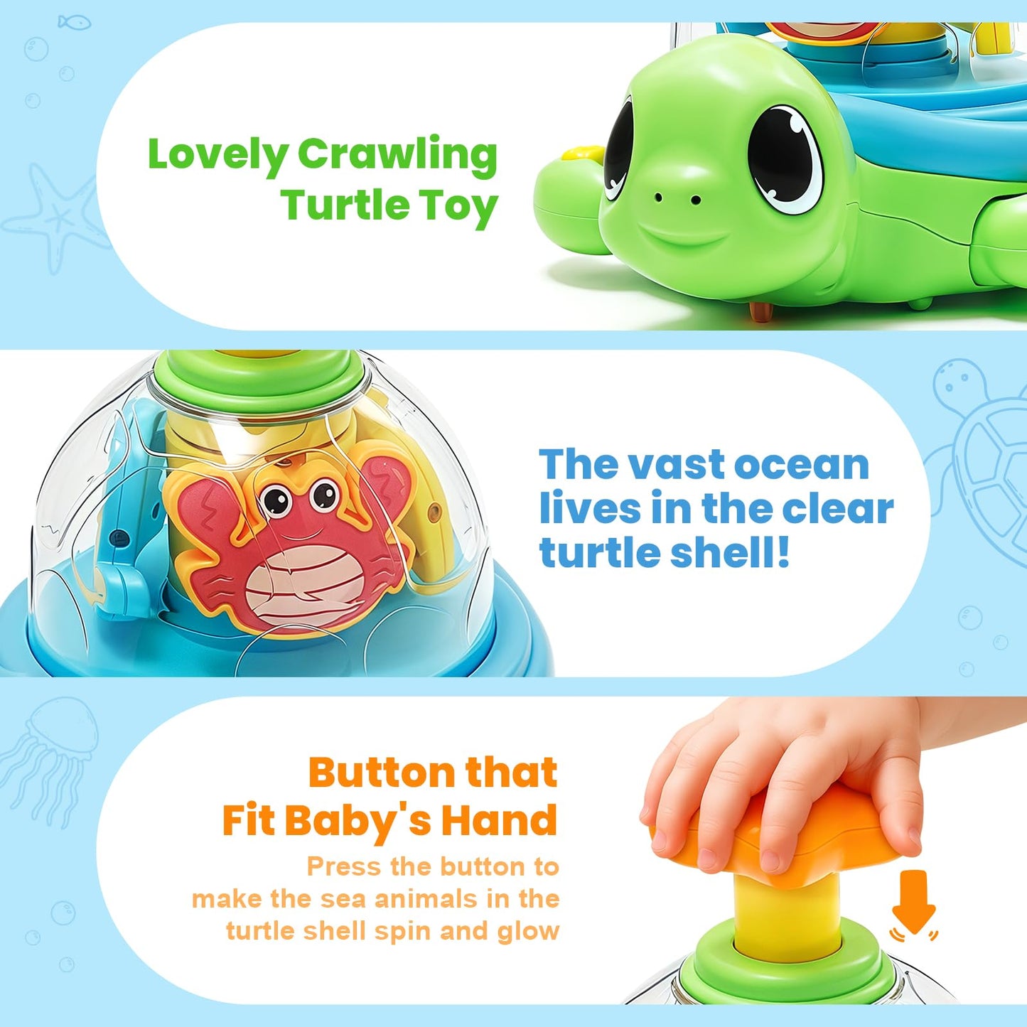 Baby Crawling Toys 6-12 Months, Musical Light-up Toys for 1 Year Old, Press to Spin Turtle for Cause and Effect, Infant Tummy Time Early Learning, Christmas Birthday Gifts Boy Girl 7 8 9 10 11 Month