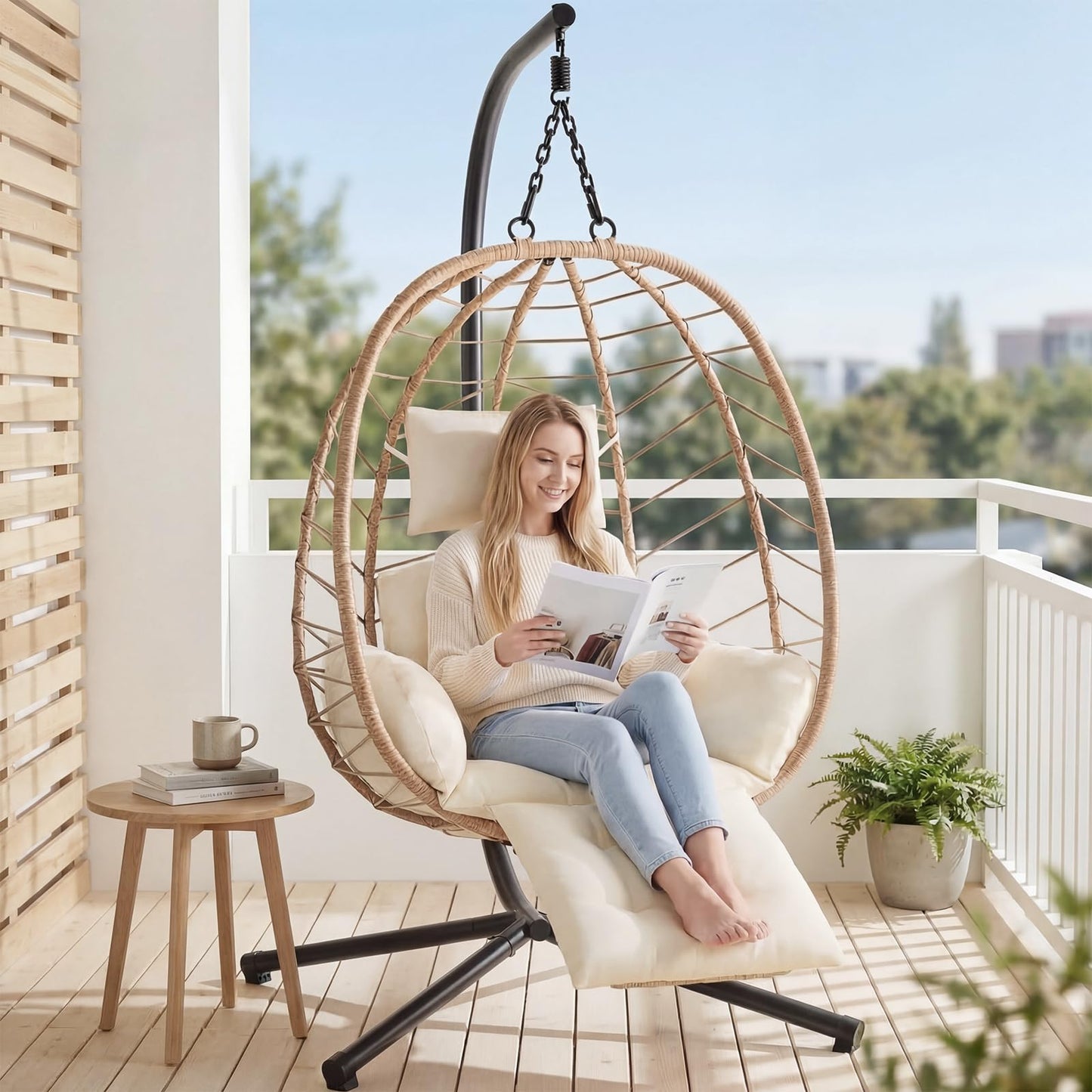 Wicker Egg Chair Outdoor, Hammock Chair with Footrest & Stand, Patio Swing with Cushion & Double Chains, Hanging Aluminum Alloy Steel Frame, 350LBS Capacity for Deck, Balcony, Beige