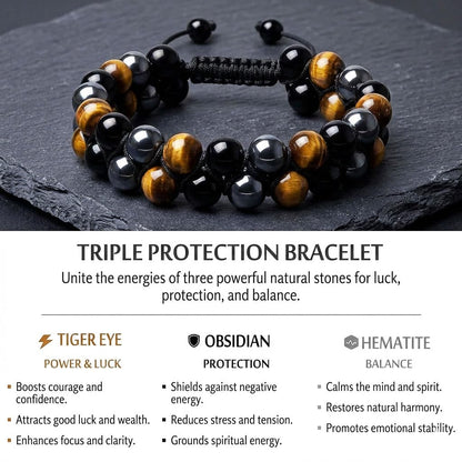 SFPJTL Triple Protection Bracelet for Men - 8mm Natural Tiger Eye Black Obsidian Hematite - Double Layer Adjustable Braided Stone Wristband - Stress Relief & Good Luck Gifts for Him Dad with Gift Box