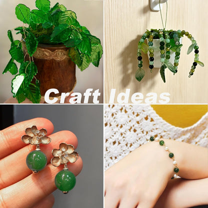 380pcs Green Glass Beads with Acrylic Leaf Beads, Assorted 6mm Round Crystal Crackle Beads Strawberry Leaves for Craft DIY Earring Bracelet Necklaces Wind Chimes