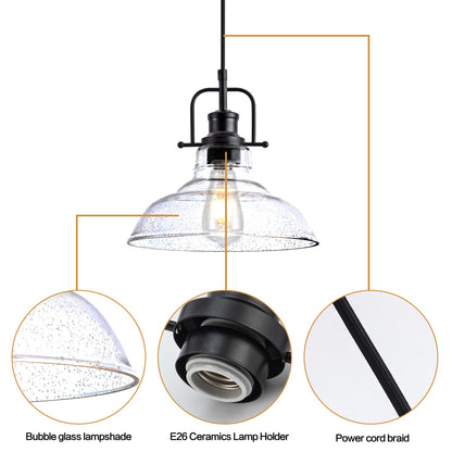 Zlepmlla Glass Pendant Light，Black Pendant Light Fixtures with Seeded Glass Shade, Adjustable Height Hanging Lights for Hallway, Kitchen Island, Dinning Room（Bulb not Included）
